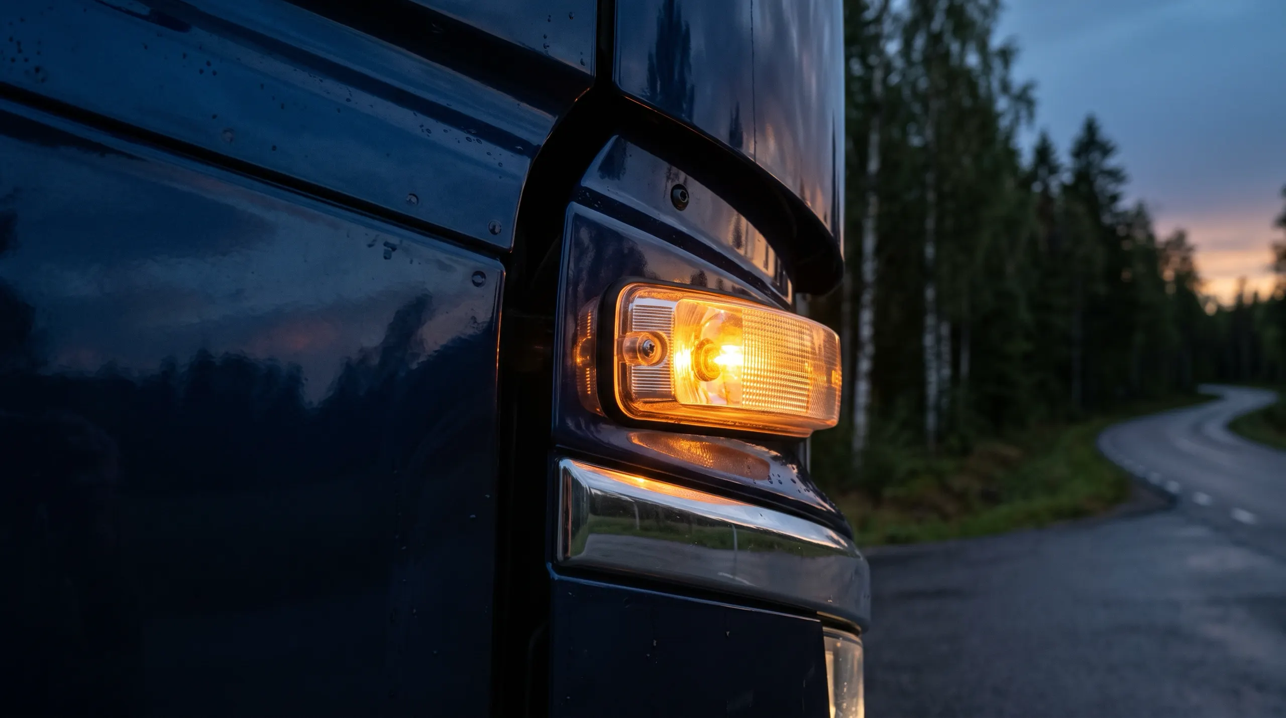Närbild på en lastbils blinkers i amber i skymning: trafikansvarigs ansvar.