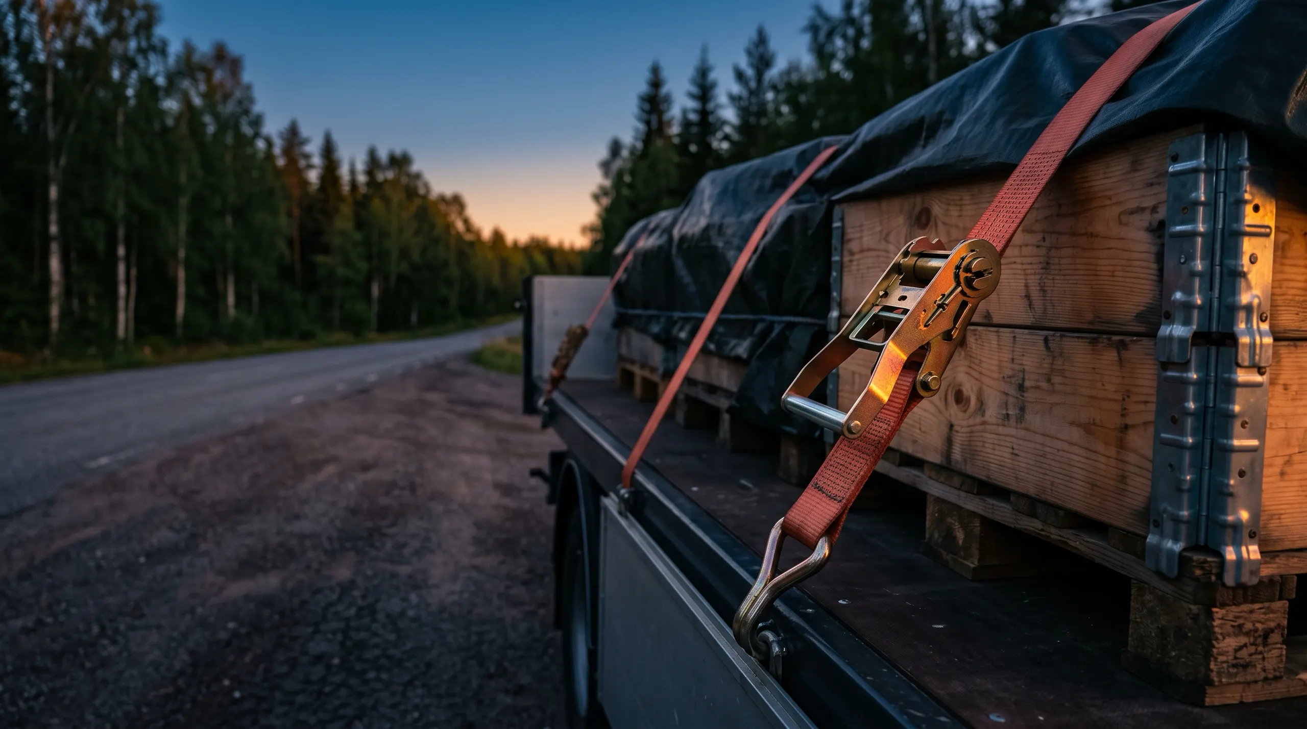 Närbild på spännband och godssäkring på en svensk flaklastbil: trafikansvarig för åkeriet.